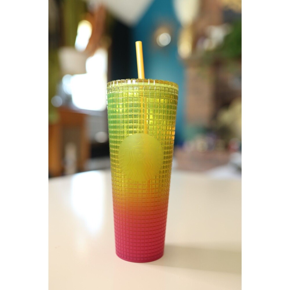 Starbucks Lemon Grid Venti 24 Oz Tumbler Matte Pink Yellow Ombre Gradient